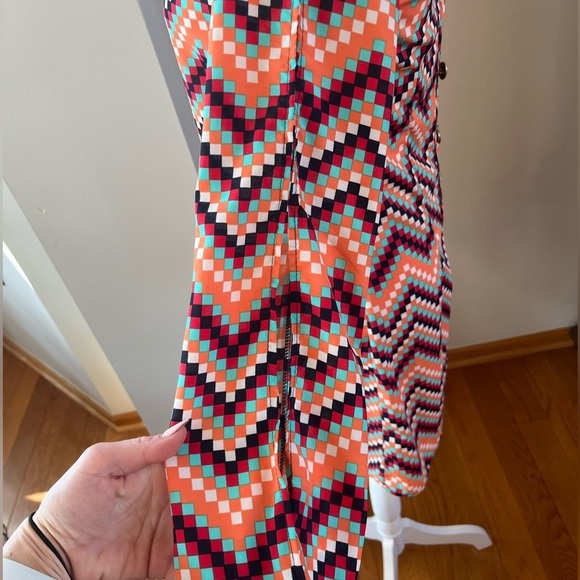 Womens BOHO Mini Shift Dress Medium Orange Chevron Slit Sleeve - Picture 5 of 6